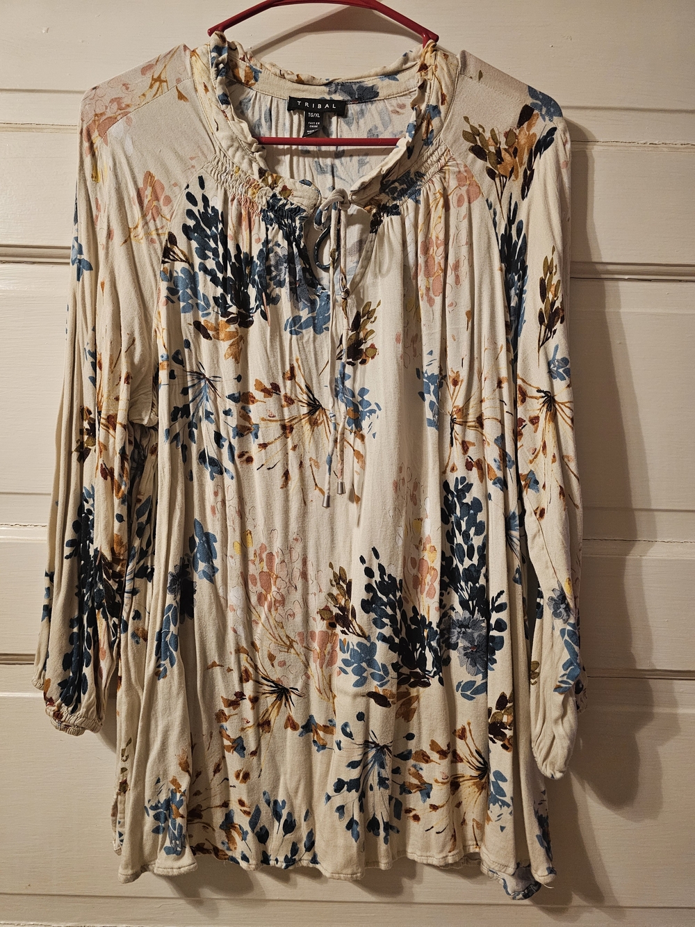 Tribal Cream Floral Peasant Top with Blue and Mustard Accents